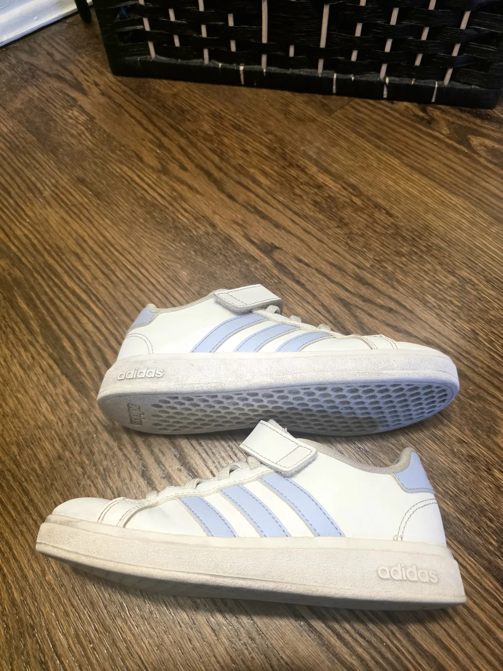 adidas Kids White Sneakers with Light Blue Stripes Velcro